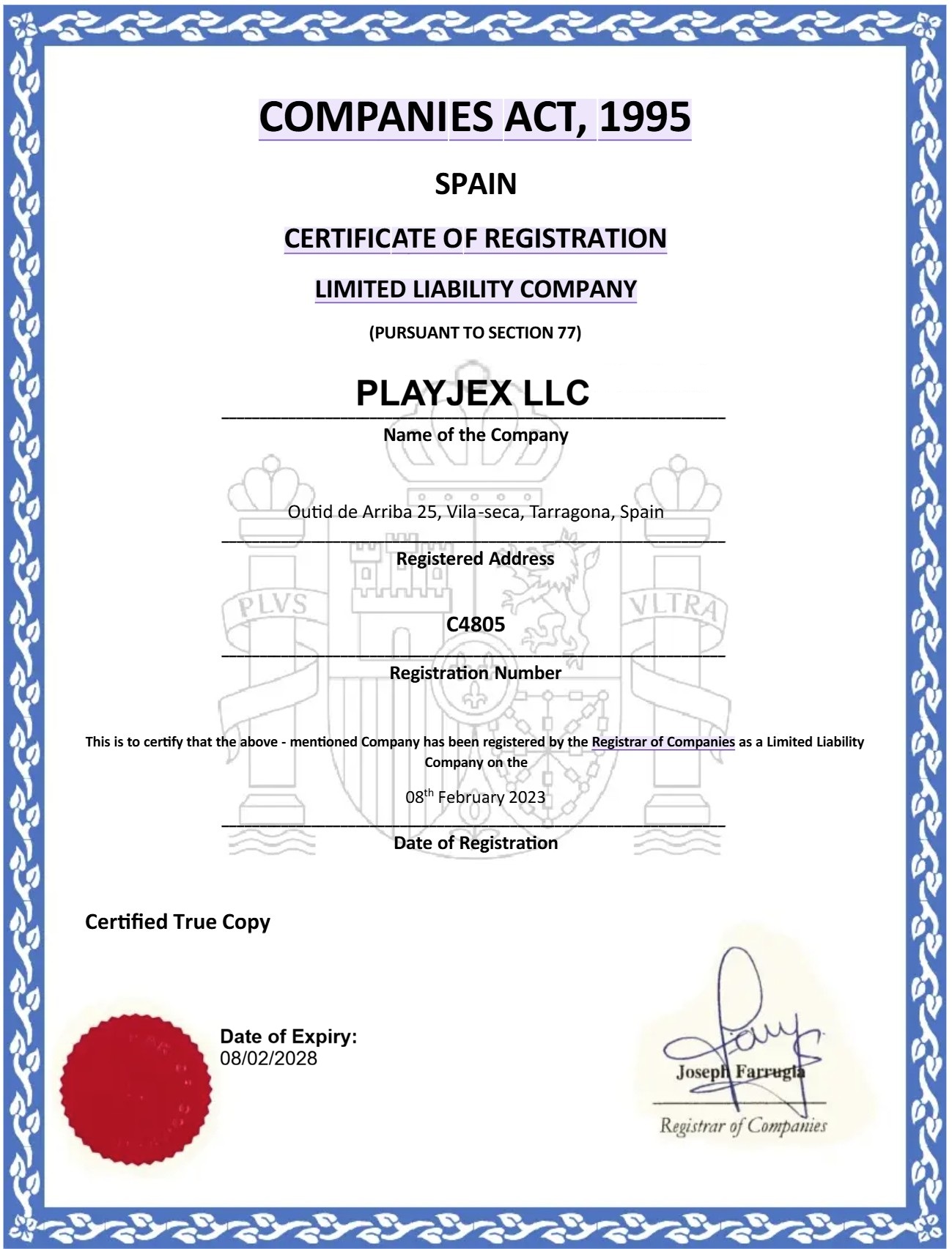 PLAYJEX LLC Certificate of Registration C4805